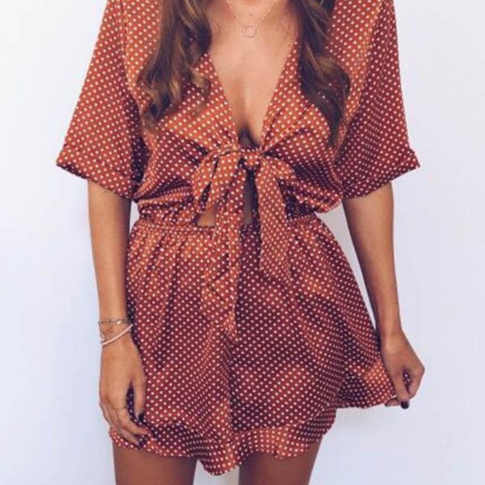 Red polka dot front tie romper, brand new unworn!